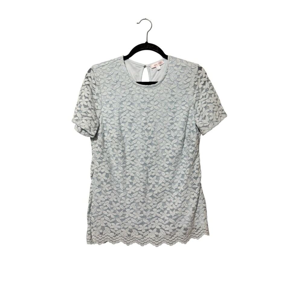 Teddi Rose Lace Blouse Light Blue Floral Short Sleeve Top Medium